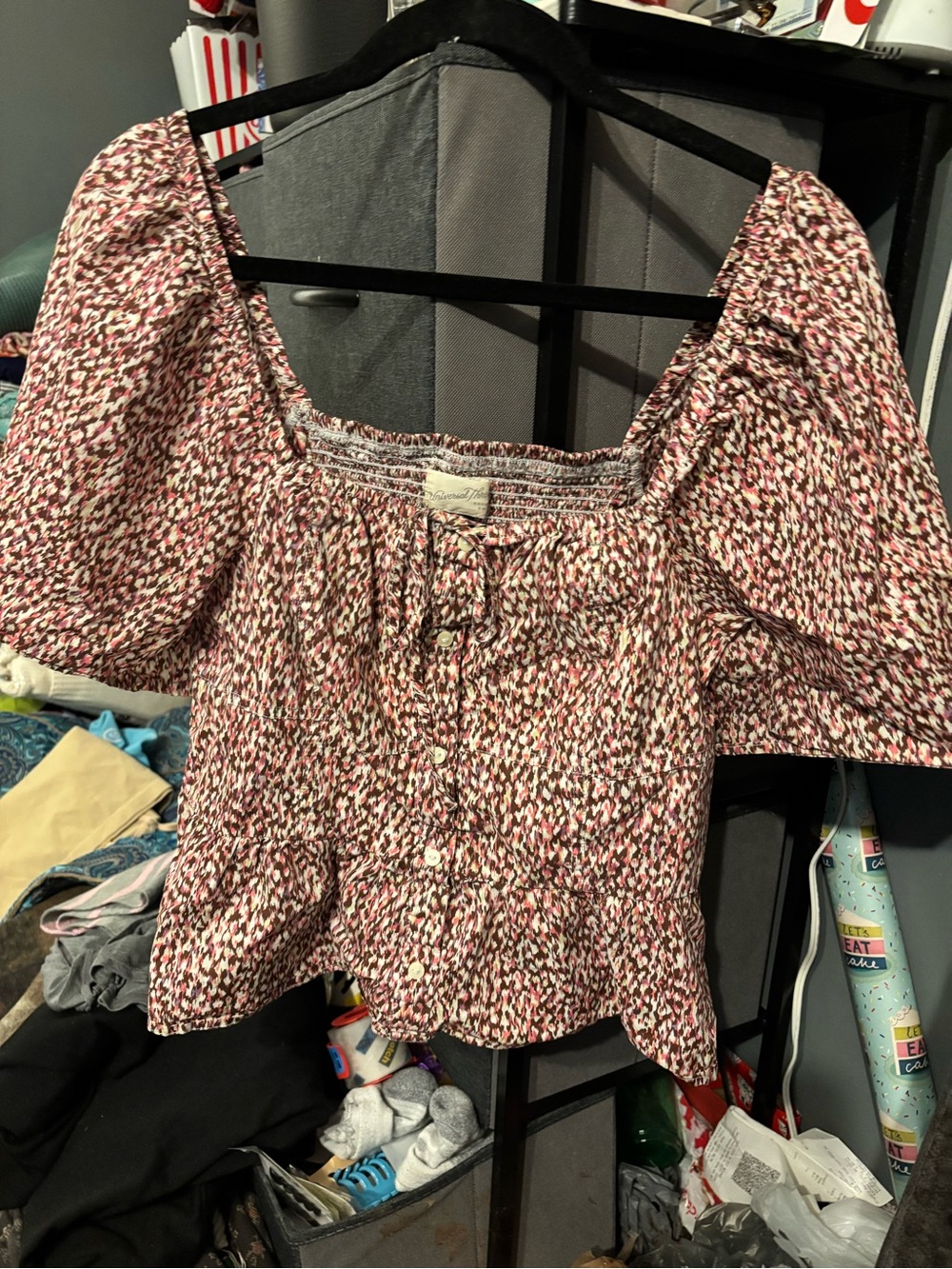 Smocked Square-Neck Peplum Blouse — Pink Multi XL